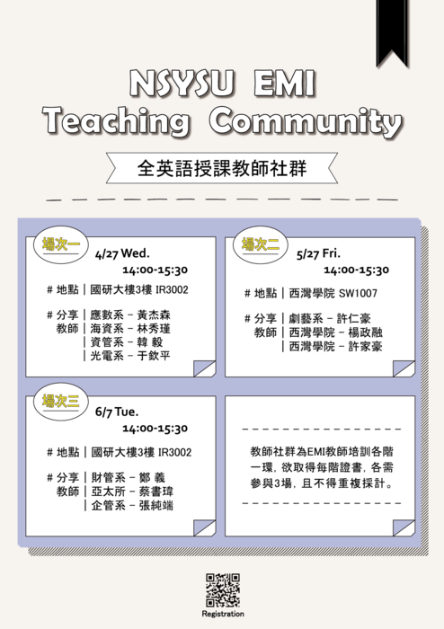 【通識教育中心】轉發國立中山大學111年5月27日(五)、6月7日(二)舉辦「110學年度第二學期-教 師社群-全英語授課經驗分享」系列活動，鼓勵教師踴躍報名。圖片